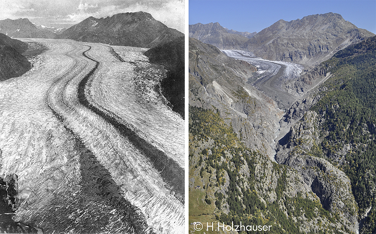 Der Aletschgletscher 1856 und heute / Photo: Hanspeter Holzhauser