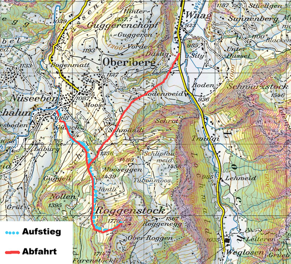 Aufstiegs- und Abfahrtsroute Roggenstock